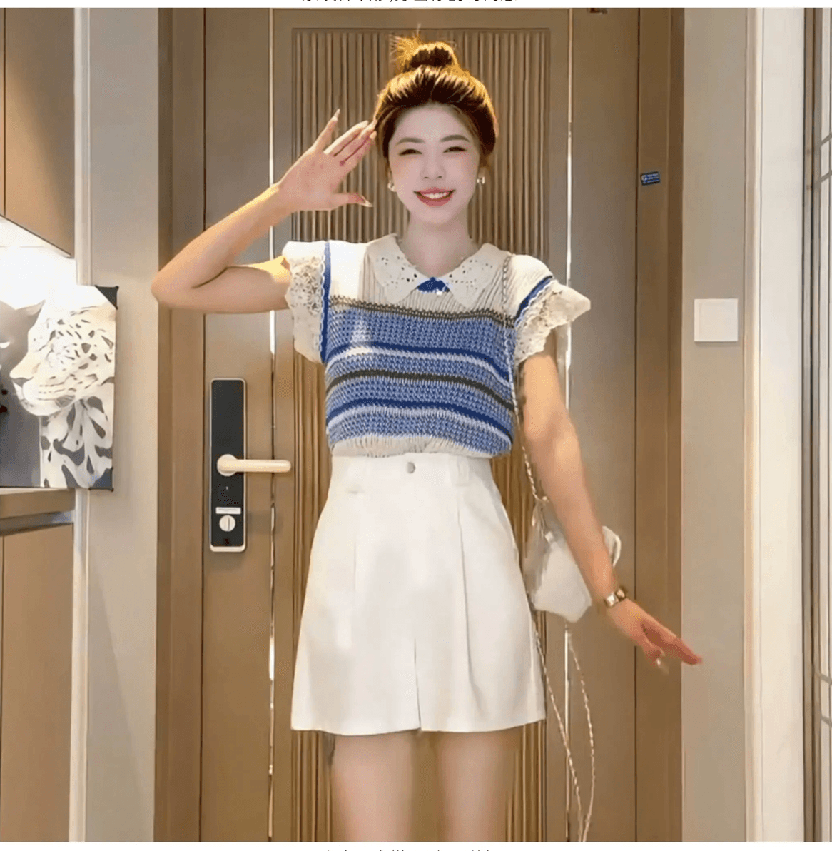 레트로 배색 스트라이프 폴로 칼라 니트 스웨터 여성 2026 여름 새로운 레이스 조각 작은 날다 소매 슬림해 보이는 짧은 맨위 상세 이미지 4