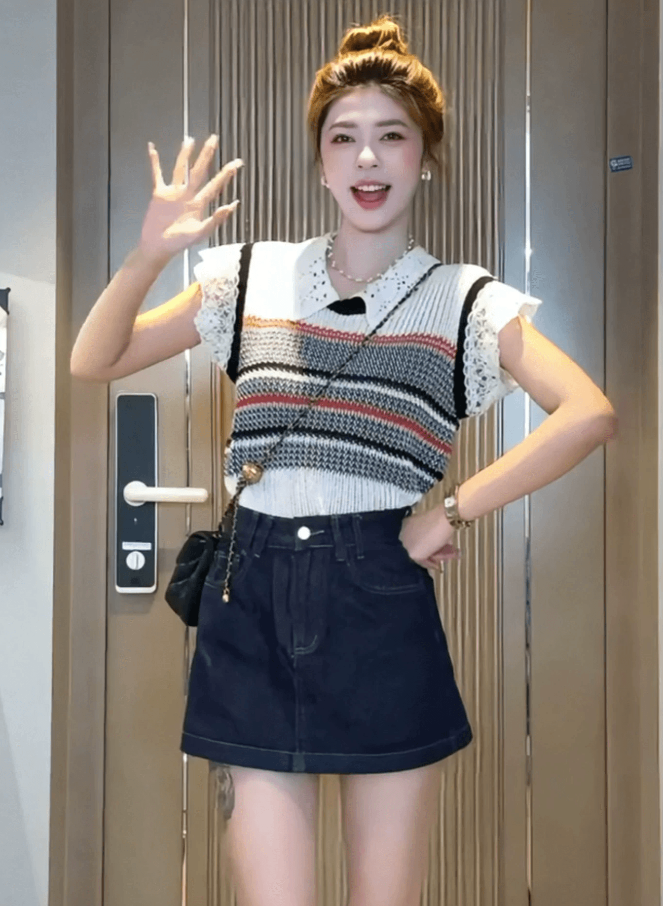 레트로 배색 스트라이프 폴로 칼라 니트 스웨터 여성 2026 여름 새로운 레이스 조각 작은 날다 소매 슬림해 보이는 짧은 맨위 상세 이미지 12