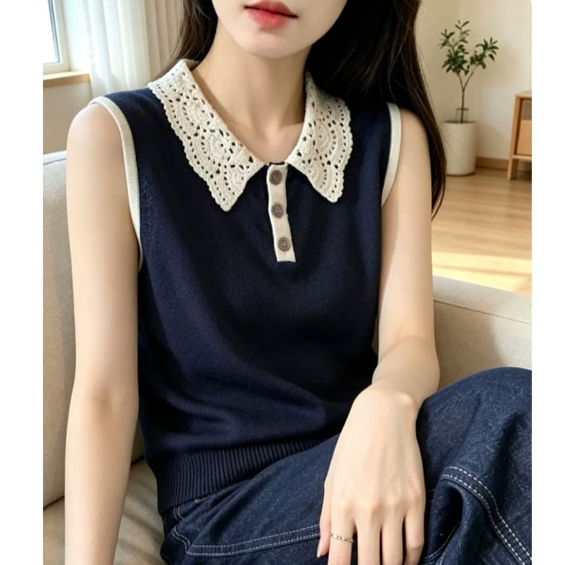 작은 샤넬 스타일 베이비 칼라 레이스 조각 민소매 니트 조끼 여성 2026 년 여름 새로운 슬림해 보이는 품격 맨위 이미지 5
