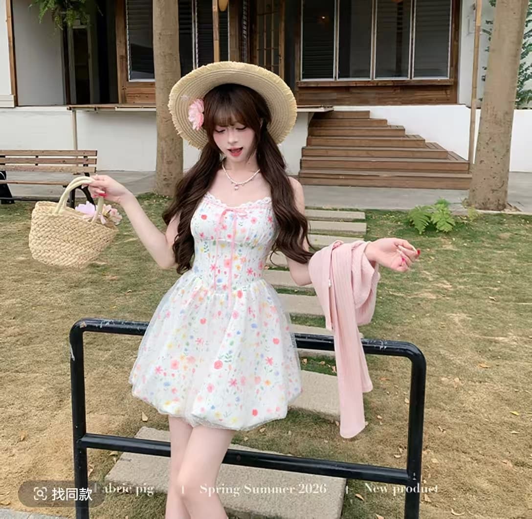 꽃 리플 달콤한 차 직물 돼지 오리지널 이른 봄 휴가 바람 요정 센스 자수 꽃무늬 슬립 드레스 한푸 이미지 2