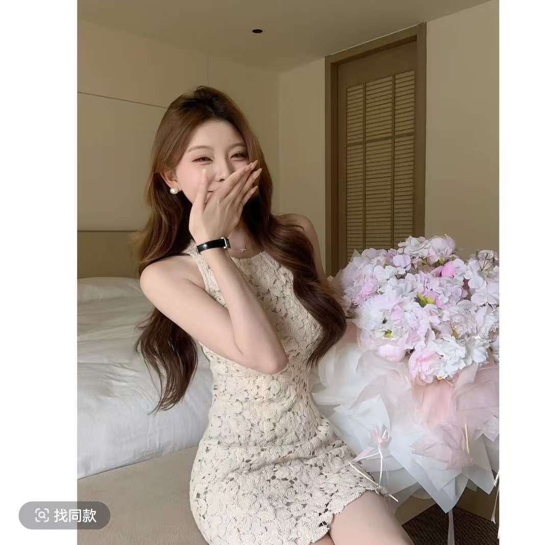sza 꽃 객실 주리예 줄려엽 여름 새로운 부드러운 품격 홀로우 아웃 레이스 민소매 쇼트 스타일 드레스 상세 이미지 1