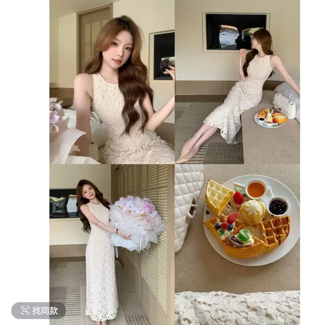 sza 꽃 객실 주리예 줄려엽 여름 새로운 부드러운 품격 홀로우 아웃 레이스 민소매 쇼트 스타일 드레스 상세 이미지 2