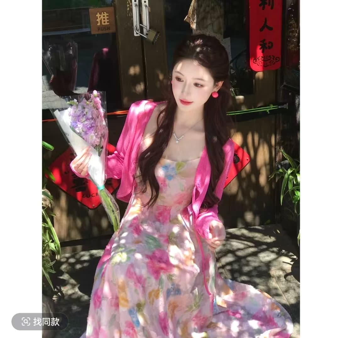 lili 리 리 가족 사랑 여름 휴가 바람 프랑스식 색상 슬립 드레스 오픈 가디건 세트 이미지 2