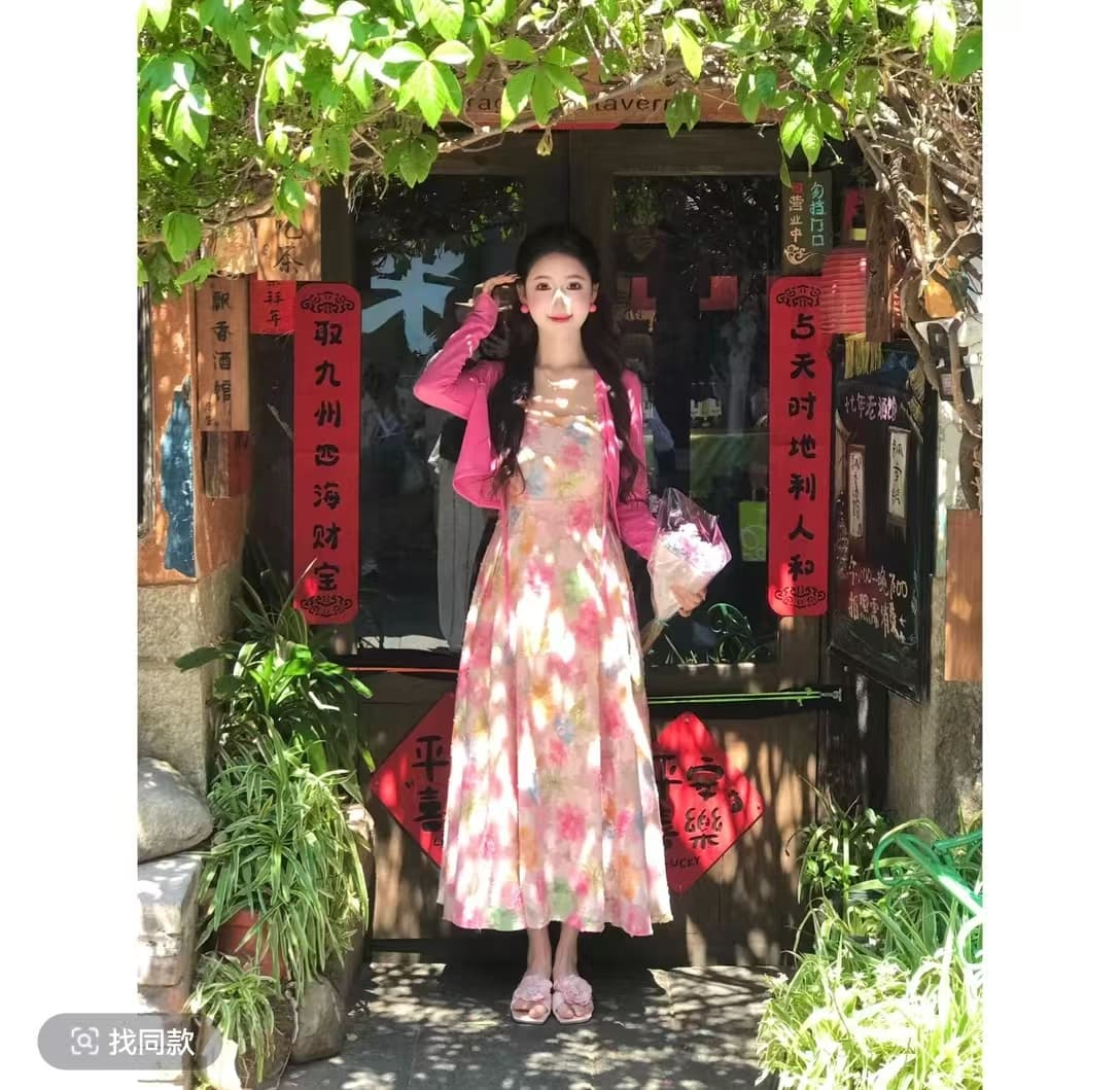 lili 리 리 가족 사랑 여름 휴가 바람 프랑스식 색상 슬립 드레스 오픈 가디건 세트 이미지 3