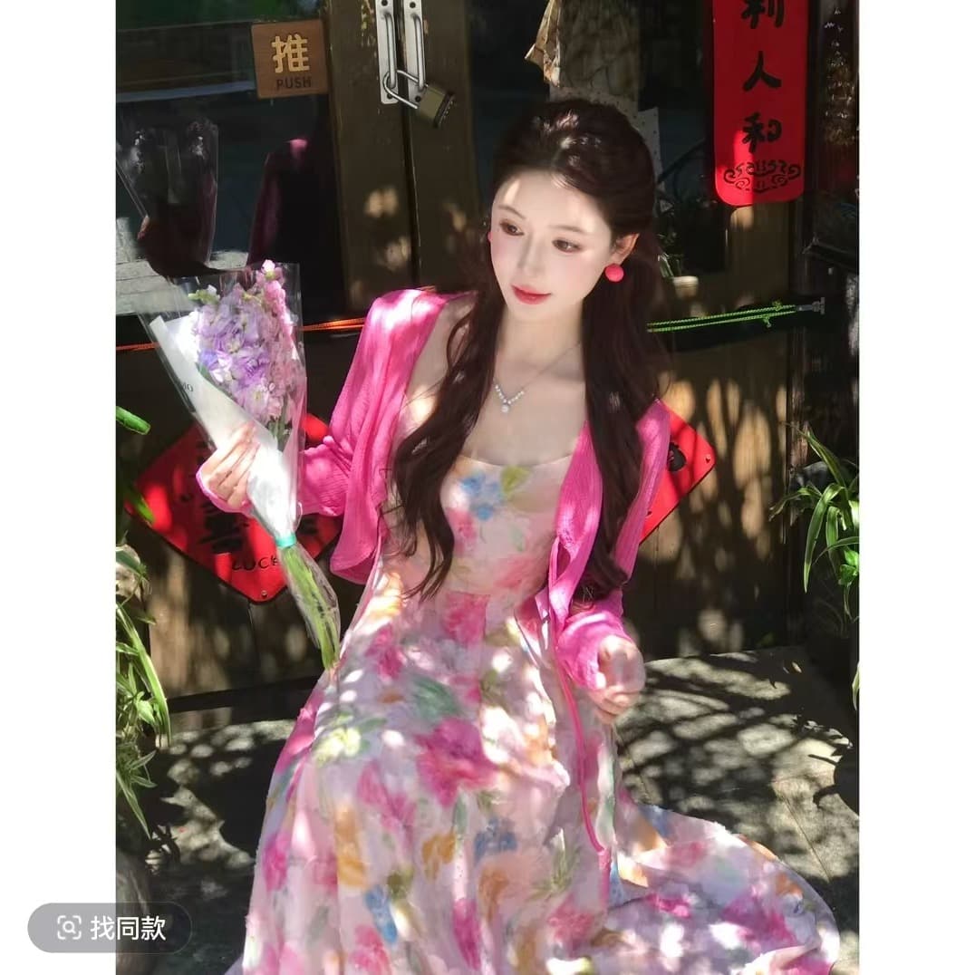 lili 리 리 가족 사랑 여름 휴가 바람 프랑스식 색상 슬립 드레스 오픈 가디건 세트 이미지 5