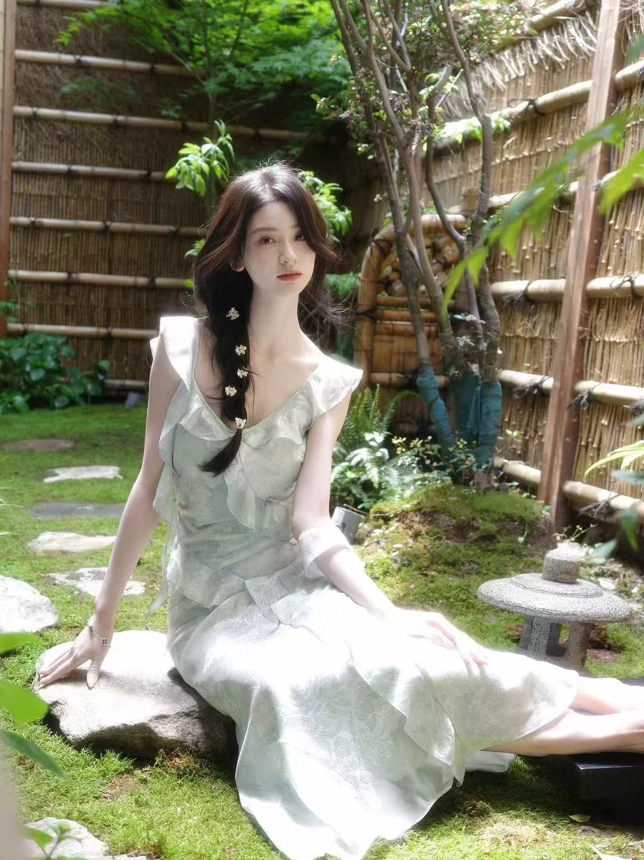 하나부터 순간 여름 깊은 분위기 센스 헤일로 염색 자카드 드레스 프릴 슬림해 보이는 인어 꼬리 스커트 cy-s2608 상세 이미지 3