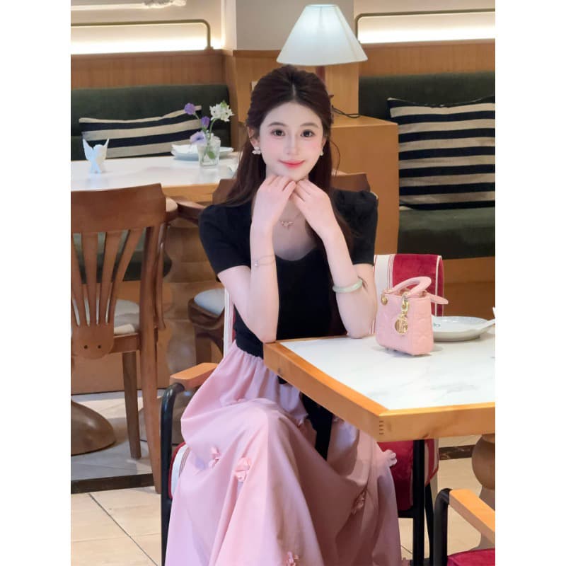 lili 홈 블랙 분말 모네 프랑스식 디자인 센스 3 차원 꽃 패치워크 허리 수축 드레스 이미지 3