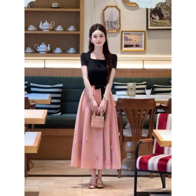 lili 홈 블랙 분말 모네 프랑스식 디자인 센스 3 차원 꽃 패치워크 허리 수축 드레스 이미지 4
