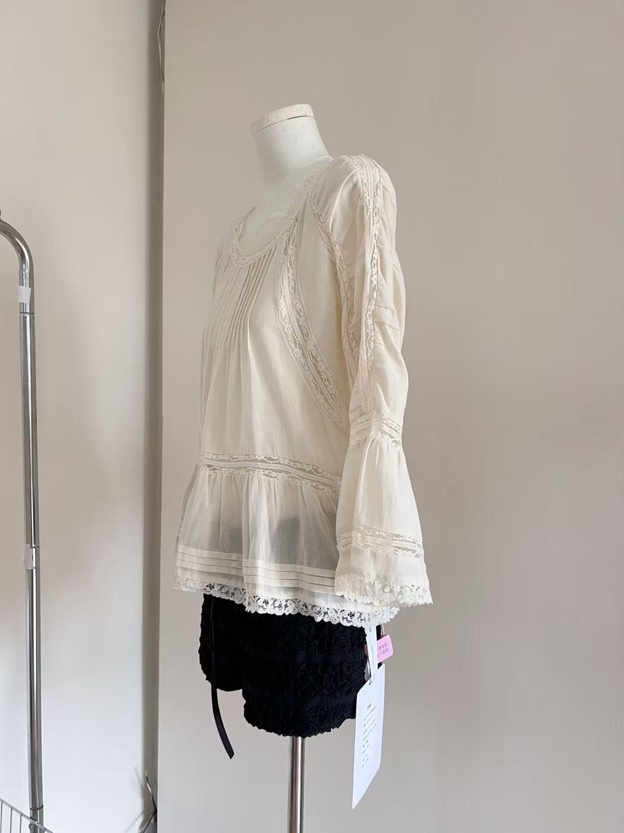 para jie 시 지에 romantic blouse 순면 프랑스식 레이스 여성 셔츠 여름 부드러운 짧은 맨위 이미지 3