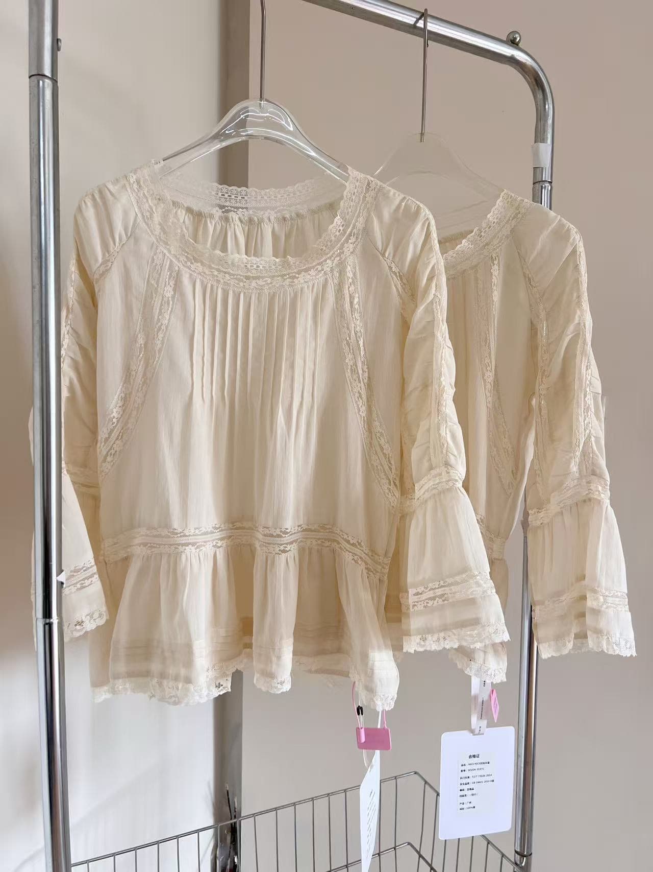 para jie 시 지에 romantic blouse 순면 프랑스식 레이스 여성 셔츠 여름 부드러운 짧은 맨위 상세 이미지 3