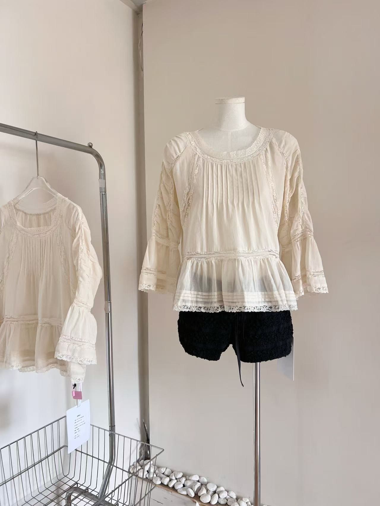para jie 시 지에 romantic blouse 순면 프랑스식 레이스 여성 셔츠 여름 부드러운 짧은 맨위 상세 이미지 5