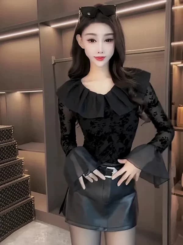 2026 봄 새로운 프랑스식 프릴 칼라 패치워크 망사 식물 플러시 몸매 가꾸기 슬림해 보이는 섹시함 나팔 소매 기본 셔츠 여성