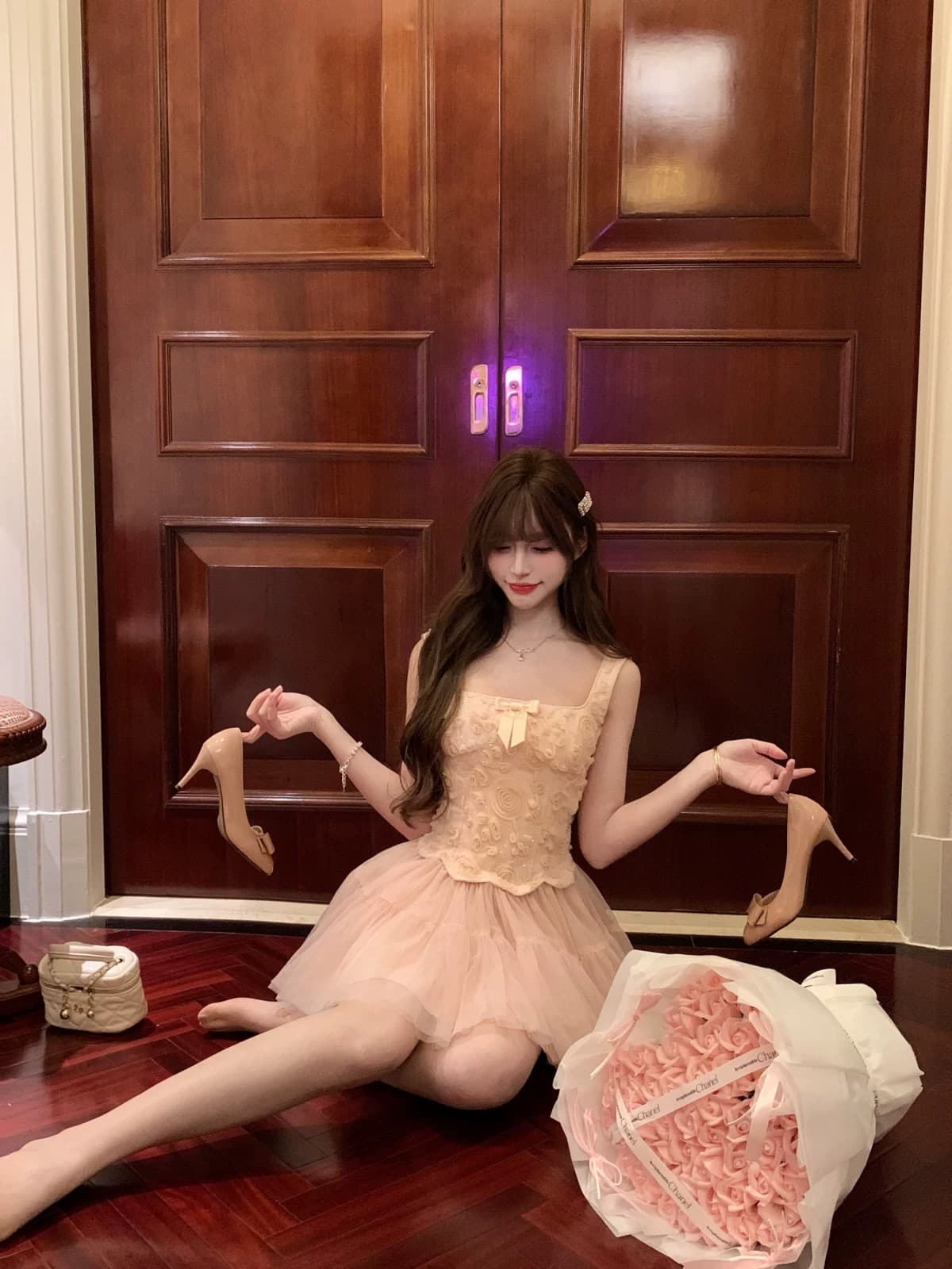 기타 한 작은 물고기 댄스 파티 사랑 노래 핑크색 3 차원 꽃 망사 슬립 드레스 생일 행사 치마 천 골드 명문 여성 세트 이미지 2