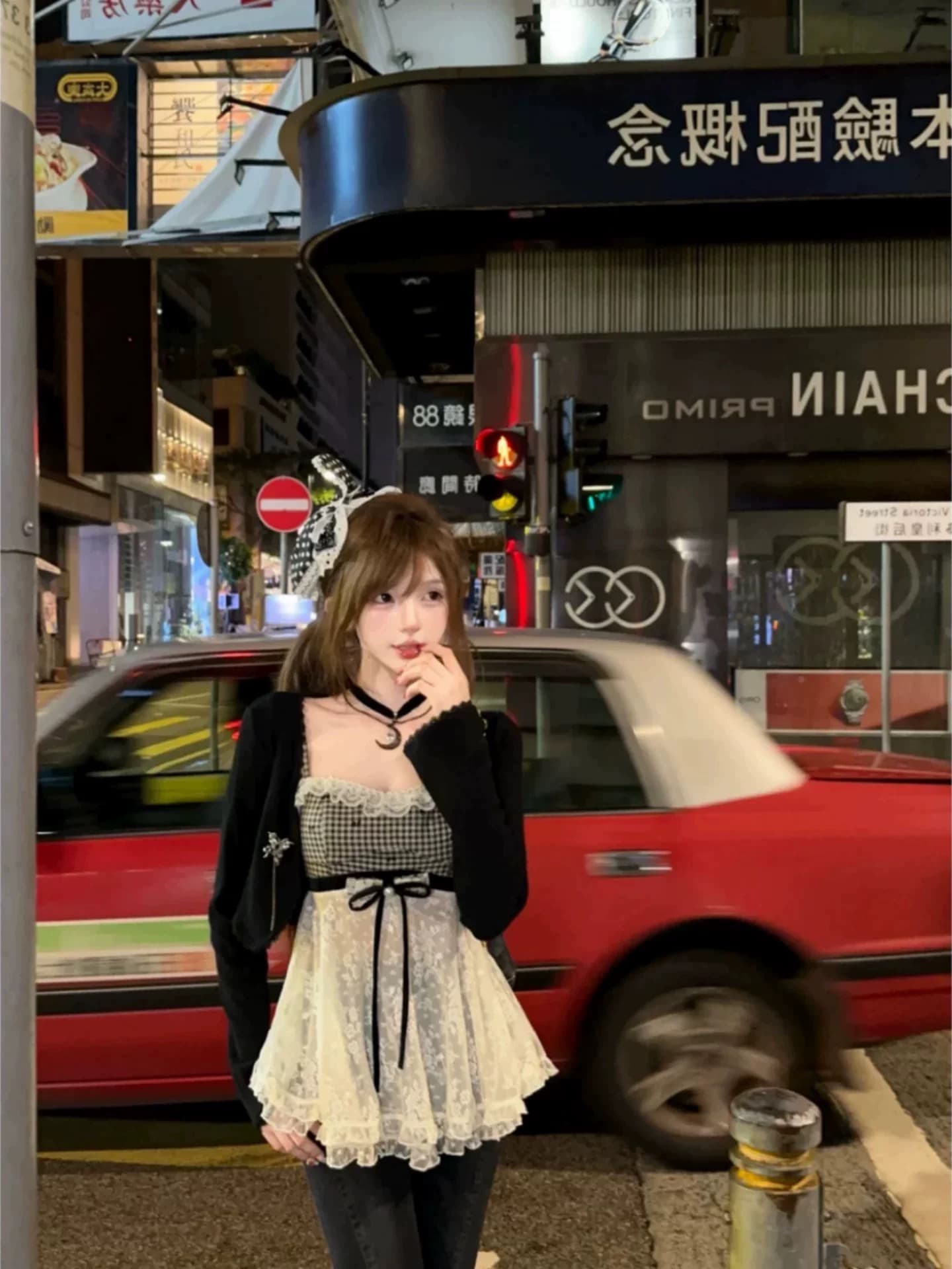 하트 비트 연인 가을 몸매 가꾸기 슬림해 보이는 디자인 인터넷 유명인 체크무늬 레이스 조각 슬립 맨위 오픈 가디건 세트 여성 이미지 4