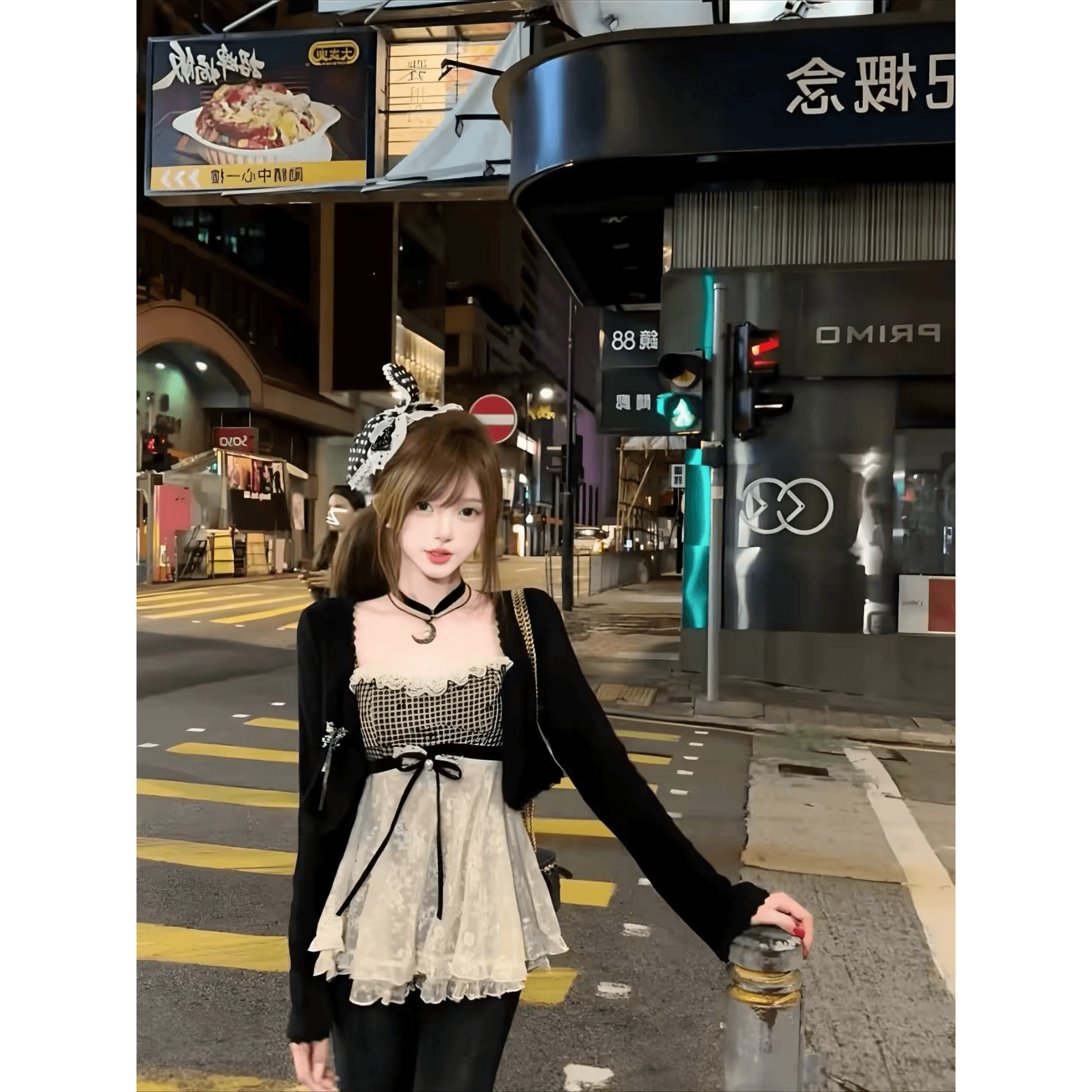 하트 비트 연인 가을 몸매 가꾸기 슬림해 보이는 디자인 인터넷 유명인 체크무늬 레이스 조각 슬립 맨위 오픈 가디건 세트 여성 이미지 5