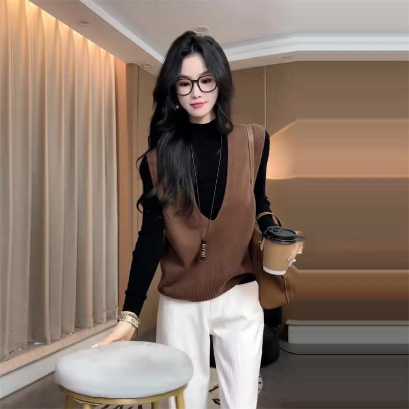이른 가을 부드러운 착용 가져 가라. 투피스 세트 2025 폭발 레트로 캐주얼 검정색 긴팔 기본 셔츠 민소매 니트 베스트 상세 이미지 3