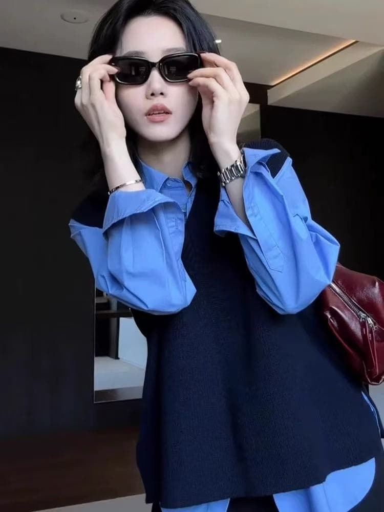 파란색 니트 베스트 셔츠 두 조각 여성 세트 이른 봄 고급 센스 착용 가져 가라. 가을 겨울 기본 셔츠 스택 착용 맨위 상세 이미지 2