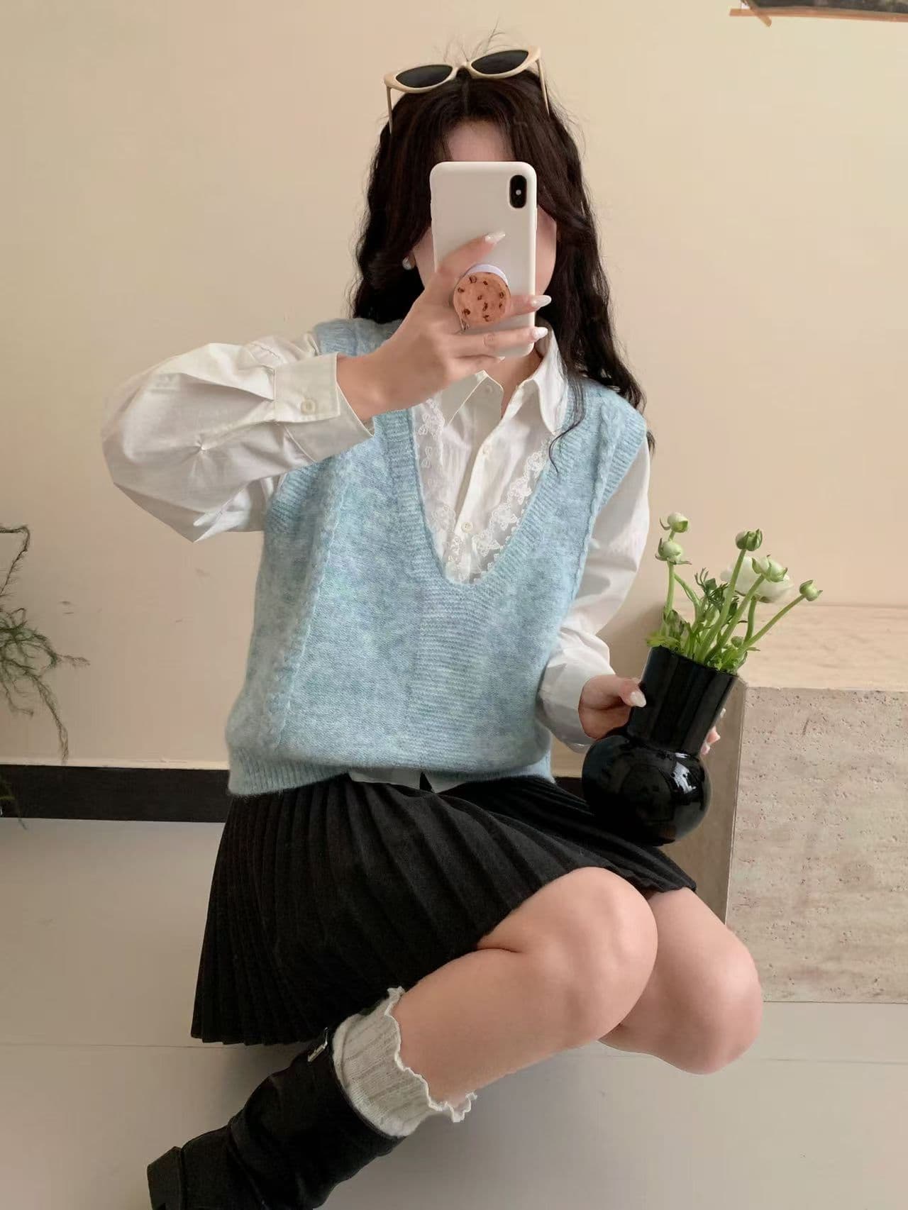 프랑스식 레이스 조각 스택 착용 니트 조끼 여자 2025 가을과 겨울 루즈핏 캐주얼 V넥 조끼 상세 이미지 6
