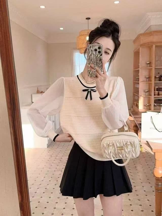 페이크 레이어드 얼음 실크 맨위 여성 봄 드레스 새로운 작은 샤넬 스타일 나비 매듭 라운드 넥 연령 감소 슬림해 보이는 니트 기본 셔츠 상세 이미지 8
