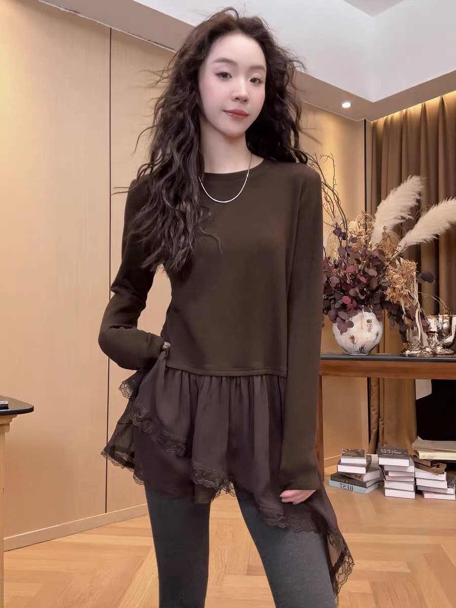 중간 길이 프릴 레이스 조각 페이크 레이어드 긴팔 티셔츠 여성 이른 봄 표지 엉덩이 슬림해 보이는 기본 셔츠 맨위 상세 이미지 7