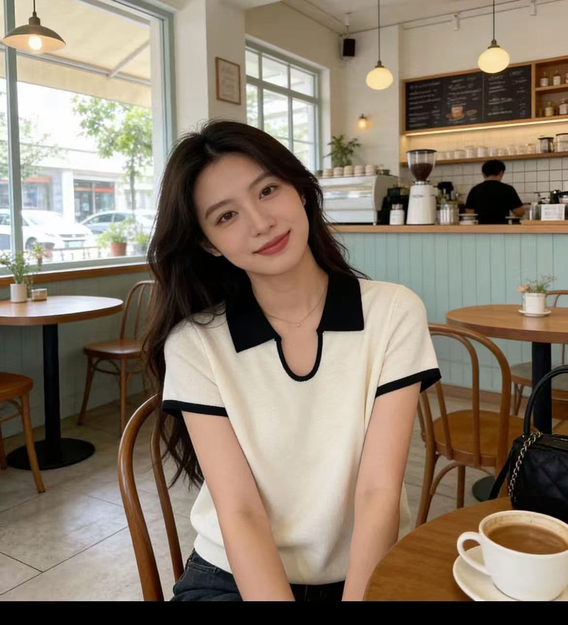 2026 여름 새로운 폴로 칼라 배색 작은 대중 니트 스웨터 작은 셔츠 품격 외국 가스 반팔 맨위 얼음 실크 티셔츠 여성 상세 이미지 11