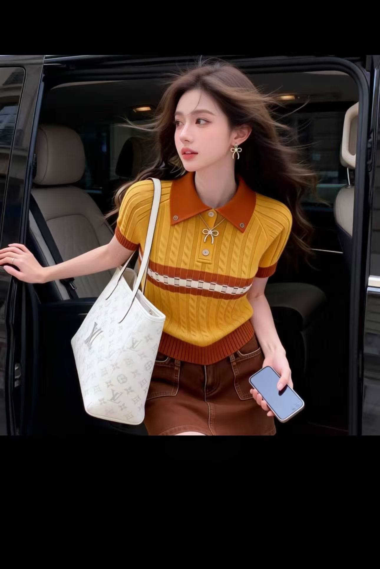패션 POLO 칼라 디자인 주황색 니트 스웨터 여성 2026 여름 새로운 캐주얼 몸매 가꾸기 반팔 맨위