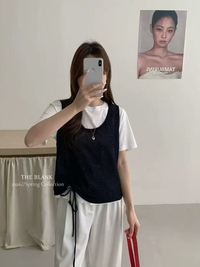 2026 봄 새로운 펌프 로프 레이스업 홀로우 아웃 스트라이프 니트 조끼 반팔 티셔츠 투피스 세트 맨위 여성 상세 이미지 3
