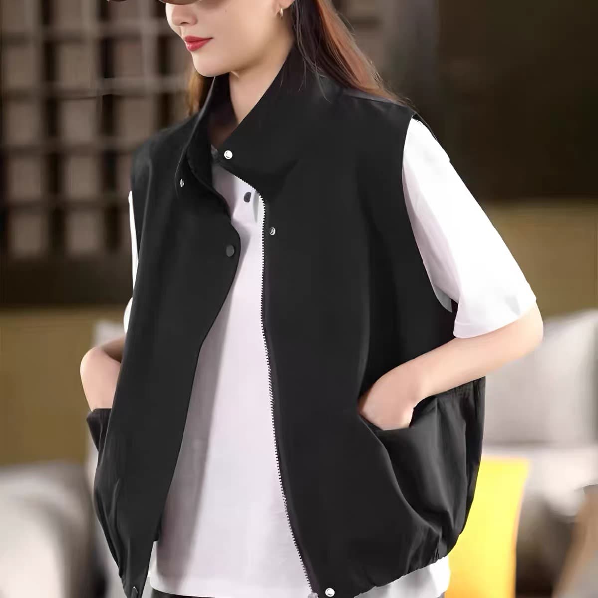 2026 봄 새로운 워크웨어 조끼 스탠드 칼라 지퍼 조끼 여자 루즈핏 다용도 민소매 어깨 재킷