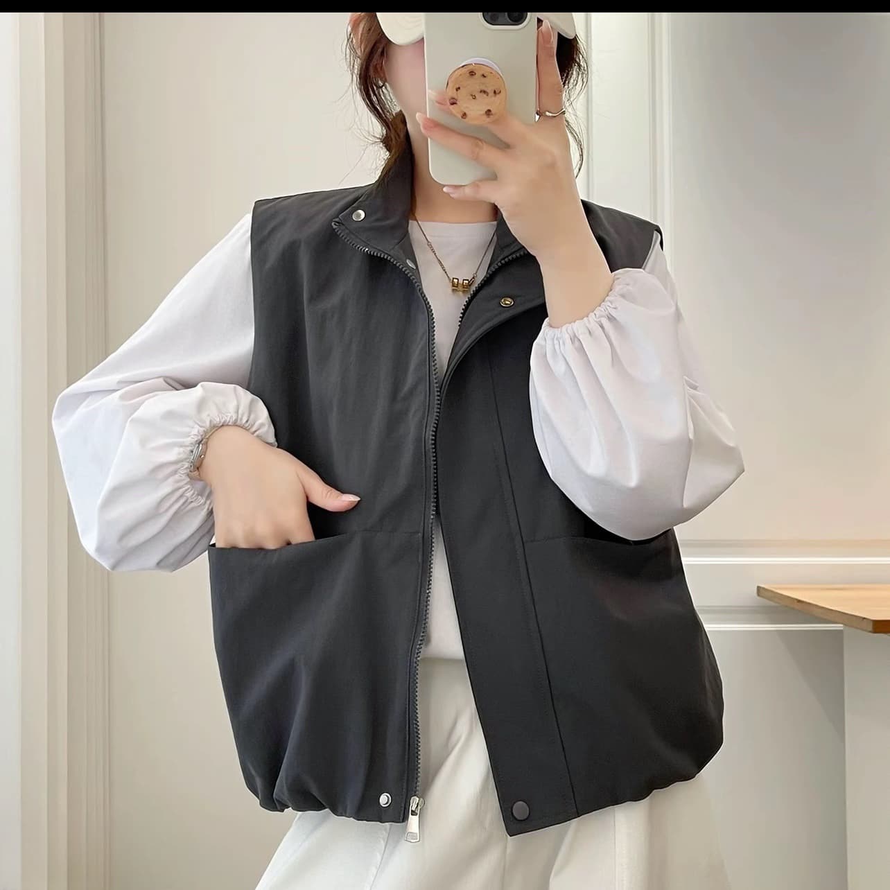 2026 봄 새로운 워크웨어 조끼 스탠드 칼라 지퍼 조끼 여자 루즈핏 다용도 민소매 어깨 재킷 상세 이미지 6