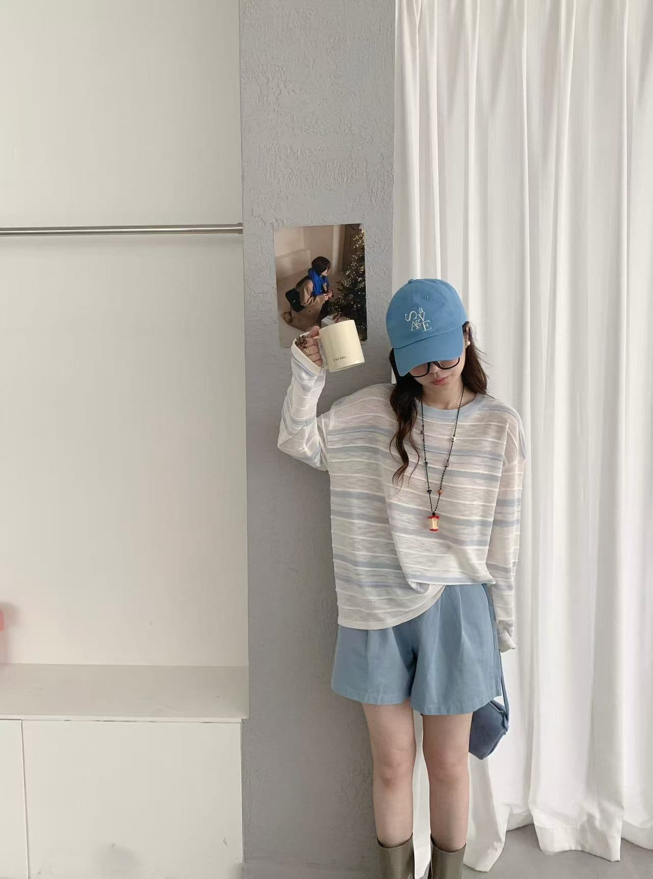 여름 배색 스트라이프 주간 실크 Tulle 자외선 차단 에어컨 블라우스 여성 외부 가져 가라. 작은 키 얼음 실크 긴팔 티셔츠 맨위 상세 이미지 12