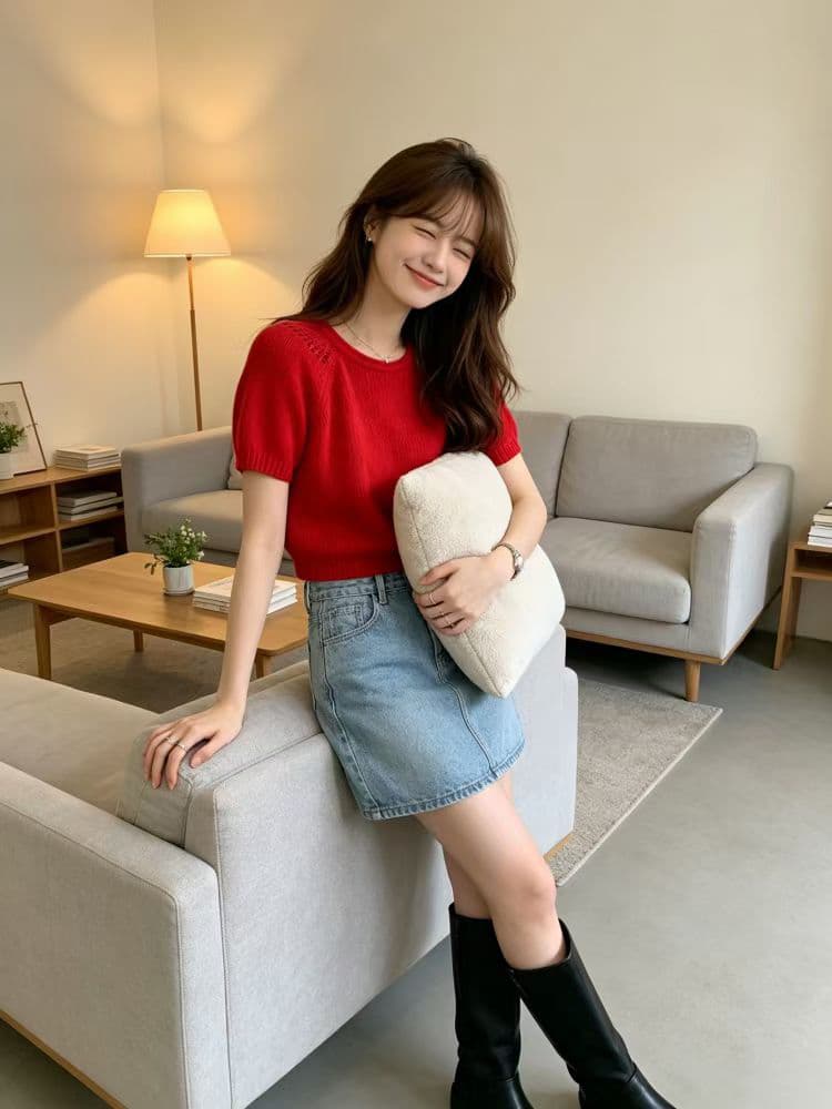 거품 소매 모헤어 반팔 스웨터 여자 봄 느긋한 바람 부드러운 찹쌀 니트 스웨터 쇼트 스타일 아름다움 라드. 맨위 이미지 3