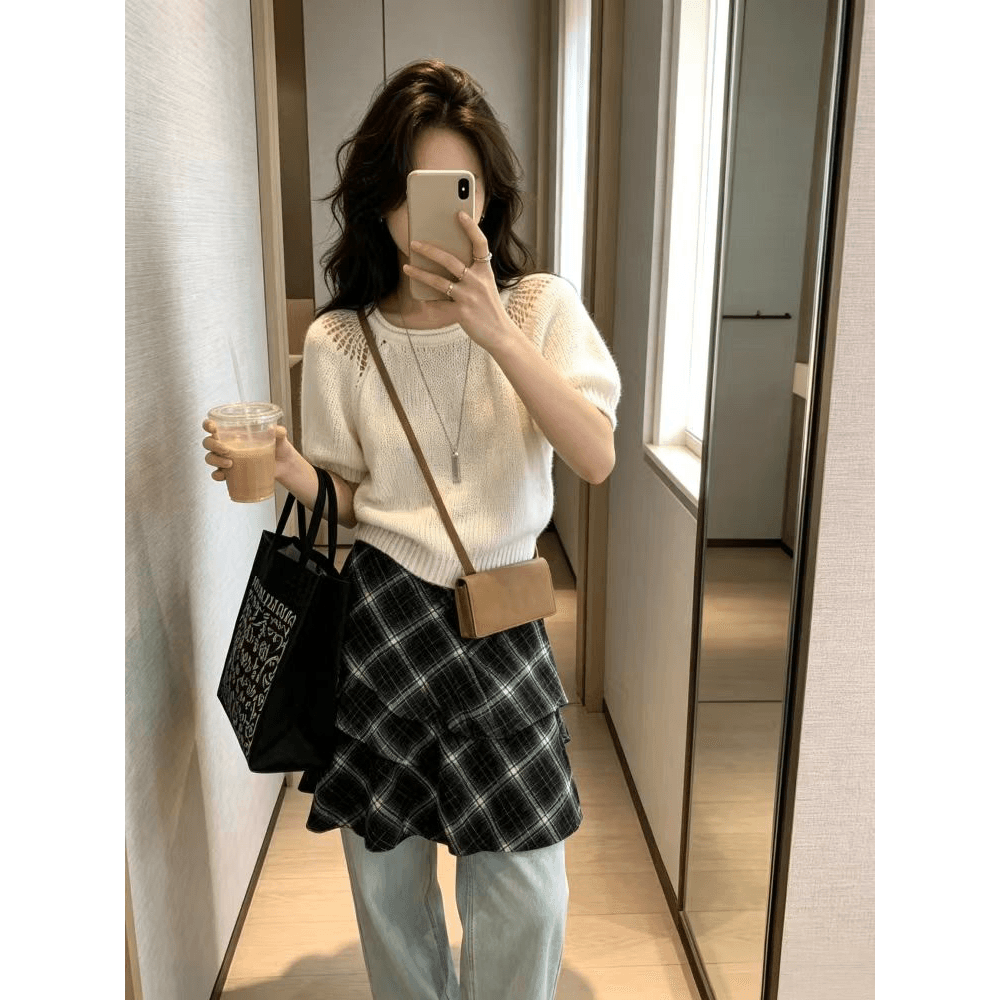 거품 소매 모헤어 반팔 스웨터 여자 봄 느긋한 바람 부드러운 찹쌀 니트 스웨터 쇼트 스타일 아름다움 라드. 맨위 이미지 5