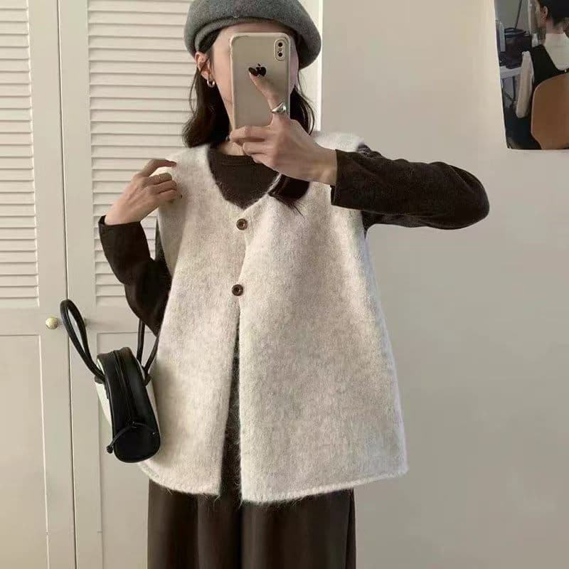 한 부서 미니멀리즘 다용도 부드러운 찹쌀 느긋한 바람 스웨터 조끼 여자 2026 가을 겨울 새로운 루즈핏 스택 착용 니트 조끼