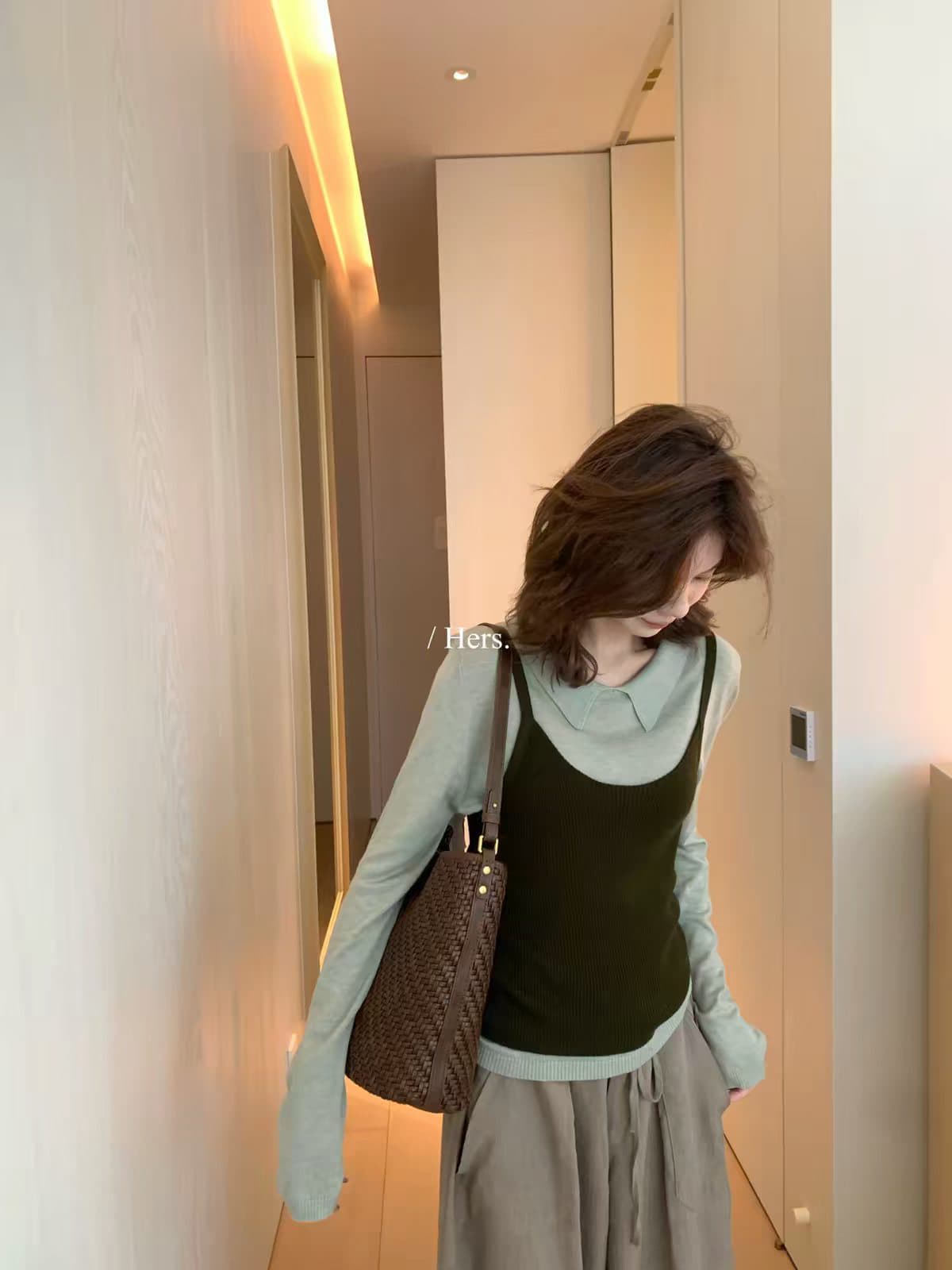 프랑스식 작은 폴로 칼라 사실 두 조각 니트 스웨터 여성 이른 가을 스택 착용 슬립 몸매 가꾸기 슬림해 보이는 품격 긴팔 풀오버 맨위 이미지 4