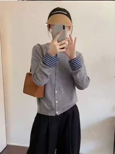 고급 센스 배색 체크무늬 페이크 레이어드 니트 오픈 가디건 여성 봄 가을 작은 대중 단추 스웨터 코트 맨위