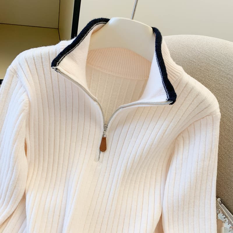 실사 POLO 칼라 지퍼 미니멀리즘 관대 한 한국 스타일 두꺼운 풀오버 구덩이 기사 스웨터 여성 셔츠 배색 니트 스웨터 상세 이미지 14
