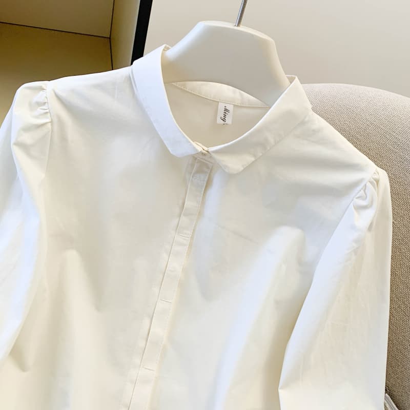 실사 가을 새로운 투명 버클 디자인 한 부서 작은 정사각형 칼라 순면 외국 가스 긴팔 셔츠 여성 셔츠 상세 이미지 15