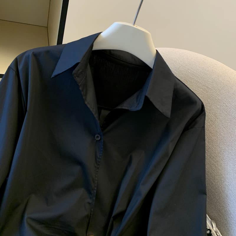 실사 가을 디자인 센스 작은 대중 순면 금속 장식 허리 수축 슬림해 보이는 루즈핏 긴팔 셔츠 여성 셔츠 상세 이미지 21