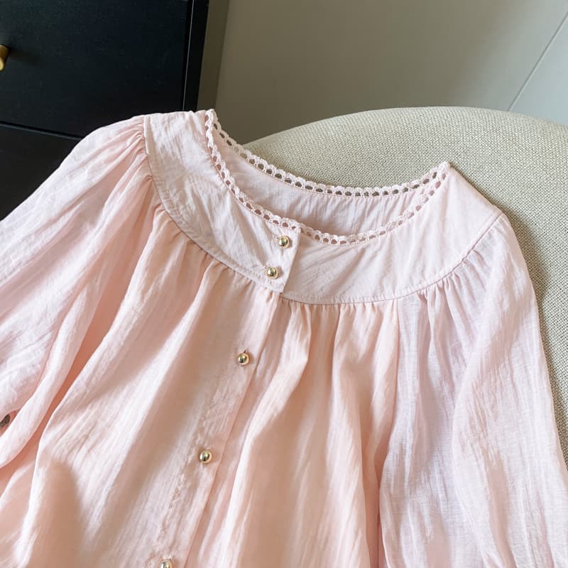 실사 여름 새로운 프랑스식 라운드 넥 패치워크 거품 소매 패션 루즈핏 주름 장식 셔츠 반팔 셔츠 맨위 이미지 3