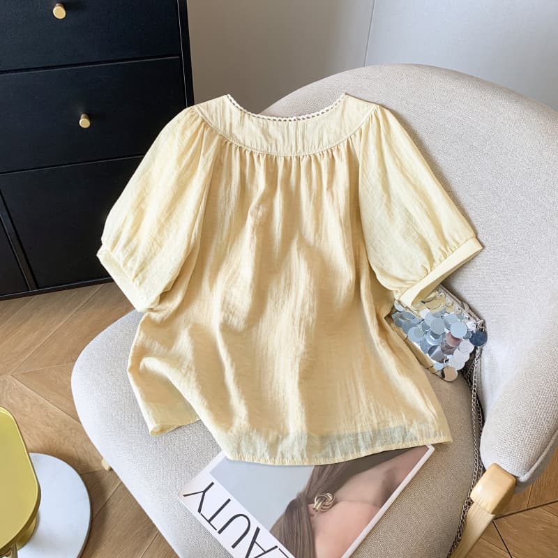 실사 여름 새로운 프랑스식 라운드 넥 패치워크 거품 소매 패션 루즈핏 주름 장식 셔츠 반팔 셔츠 맨위 이미지 5