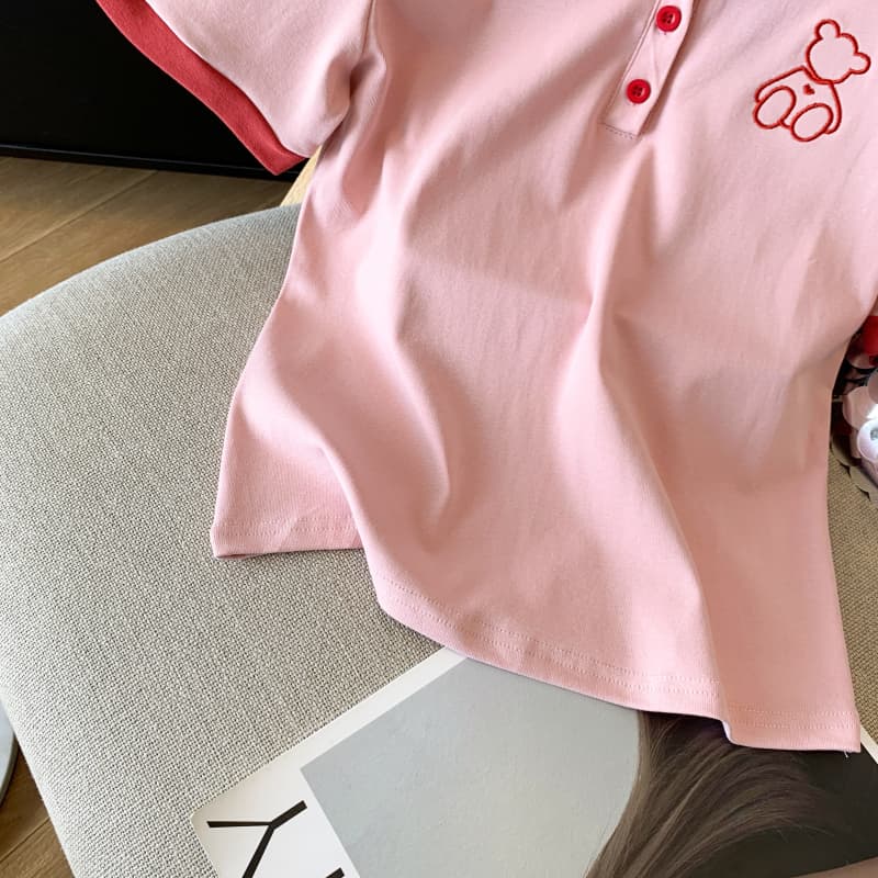 실사 POLO 칼라 자수 반팔 티셔츠 여성 여름 새로운 쇼트 스타일 디자인 센스 작은 대중 폴로 칼라 하이웨이스트 이미지 5