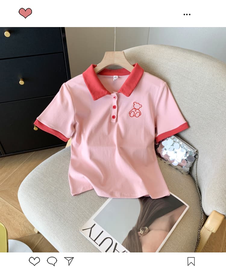 실사 POLO 칼라 자수 반팔 티셔츠 여성 여름 새로운 쇼트 스타일 디자인 센스 작은 대중 폴로 칼라 하이웨이스트 상세 이미지 1