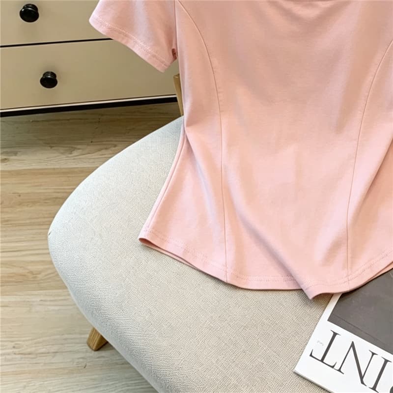 실사 광장 칼라 반팔 티셔츠 여성 여름 새로운 핫걸 순면 쇼트 스타일 몸매 가꾸기 맨위 동정 상세 이미지 15
