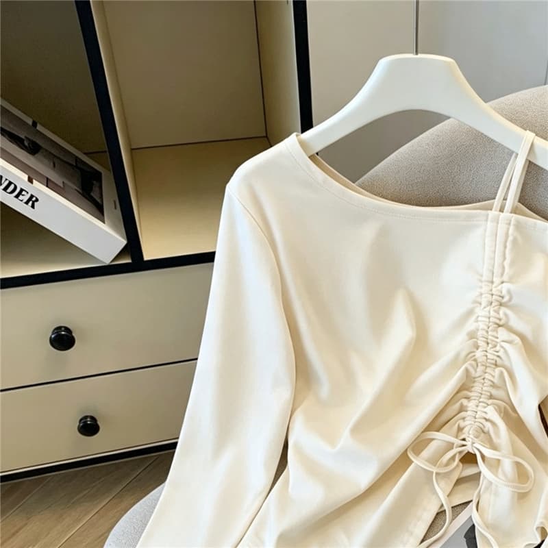 실사 가을 새로운 외국 가스 펌프 로프 비스듬한 칼라 순면 나팔 소매 긴팔 티셔츠 여성 셔츠 외출용 달콤한 매운맛 이미지 4