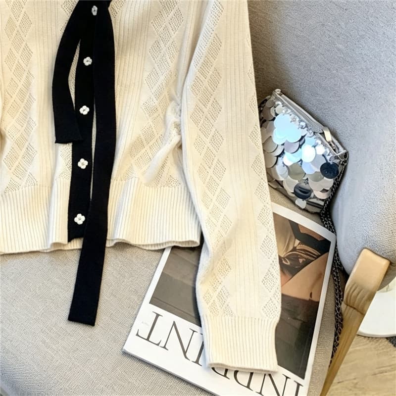실사 가을 새로운 나비 넥타이 작은 샤넬 스타일 니트 스웨터 오픈 가디건 여성 달콤함 외국 가스 스웨터 상세 이미지 9