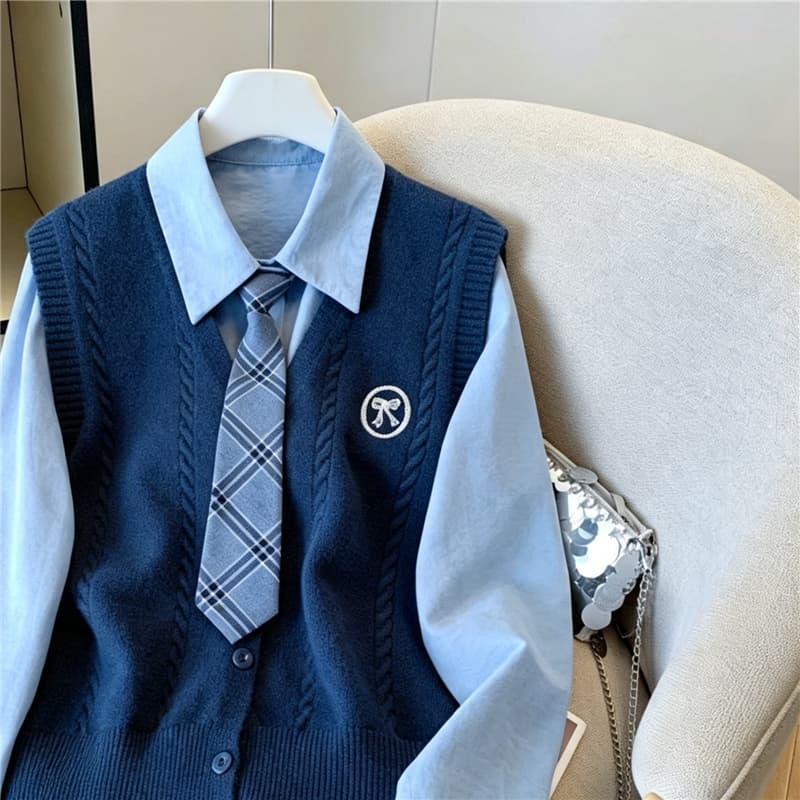 실사 레트로 학원 스타일 패션 스택 착용 세트 여성 스웨터 베스트 조끼 셔츠 넥타이 3종 세트 상세 이미지 14