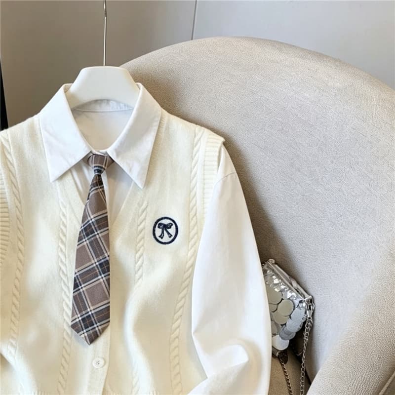 실사 레트로 학원 스타일 패션 스택 착용 세트 여성 스웨터 베스트 조끼 셔츠 넥타이 3종 세트 상세 이미지 20