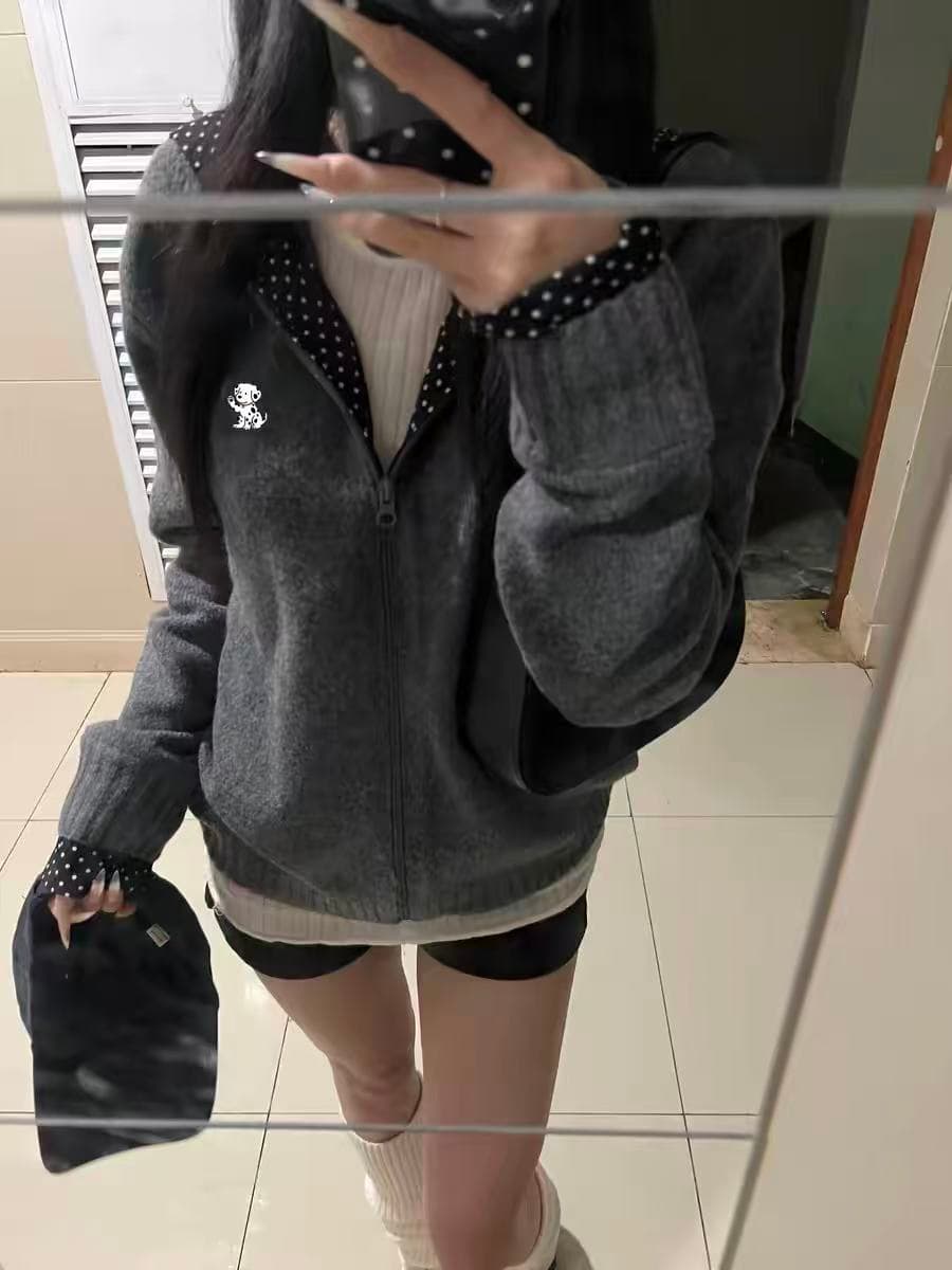 한 부서 느긋한 학원 스타일 후드 도트 무늬 회색 스웨터 오픈 가디건 여성 봄 가을 루즈핏 지퍼 니트 재킷 맨위 상세 이미지 2