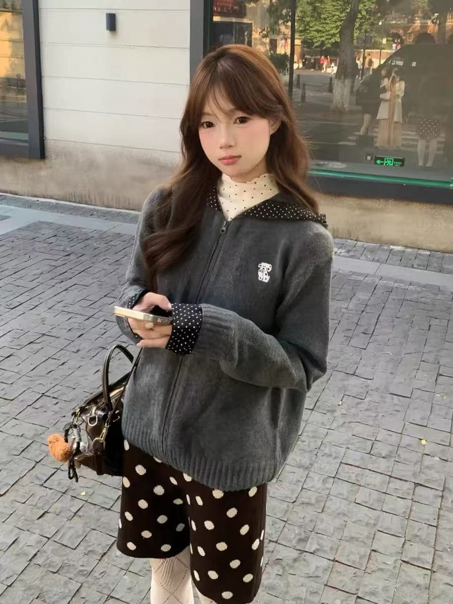 한 부서 느긋한 학원 스타일 후드 도트 무늬 회색 스웨터 오픈 가디건 여성 봄 가을 루즈핏 지퍼 니트 재킷 맨위 상세 이미지 4