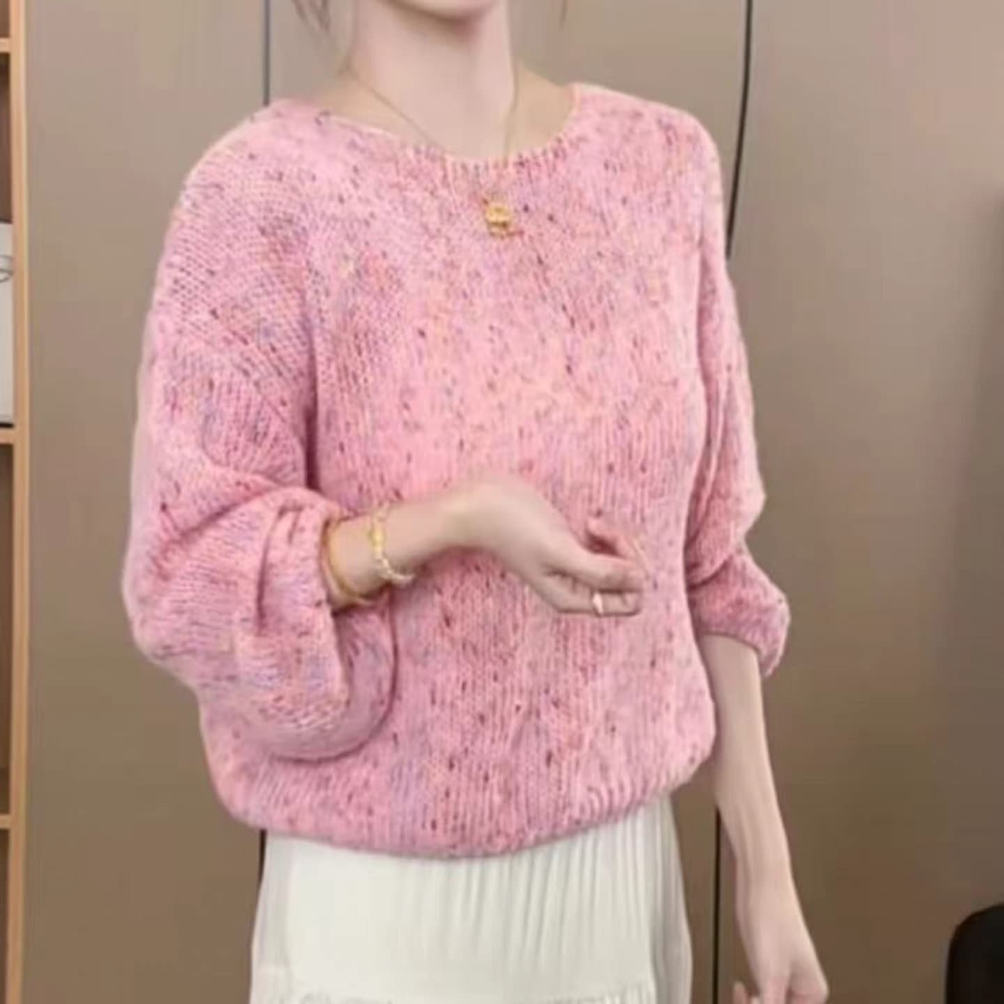 달콤함 무거운 작업 색상 실 라운드 넥 혼합 색상 니트 스웨터 여성 봄 새로운 루즈핏 슬림해 보이는 풀오버 부드러운 찹쌀 스웨터 상세 이미지 4